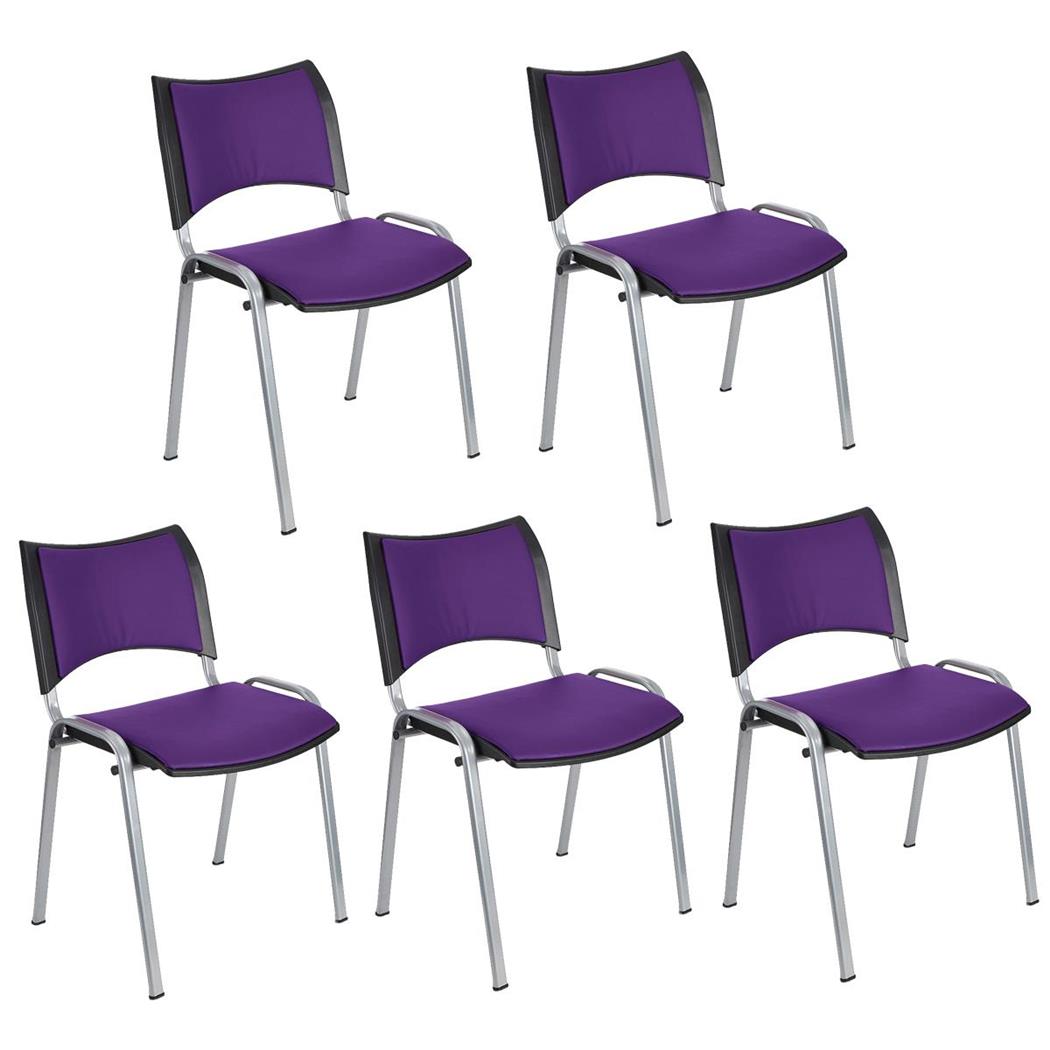 Set van 5 Vergaderstoelen ROMEL LEDER, Comfortabele Zitting, Stapelbaar, Grijze Poten, Paars