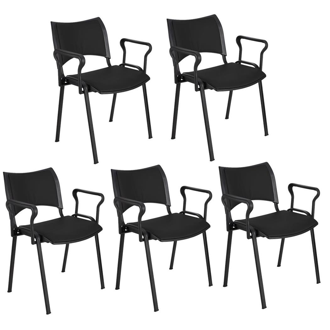 Set van 5 Vergaderstoelen ROMEL LEDER MET ARMLEUNINGEN, Comfortabele Zitting, Stapelbaar, Zwarte Poten, Zwart