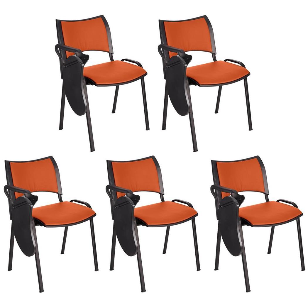 Set van 5 Vergaderstoelen ROMEL LEDER MET KLAPTAFELTJE, Comfortabele Zitting, Stapelbaar, Zwarte Poten, Oranje