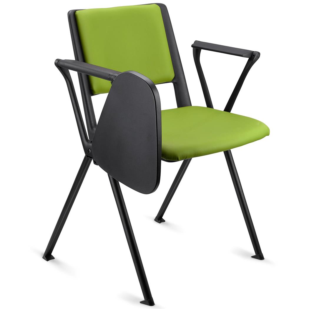 Vergaderstoel CARINA MET KLAPTAFELTJE, Stapelbaar, Stoelkoppelsysteem, Groen Lederen Bekleding met Zwarte Poten