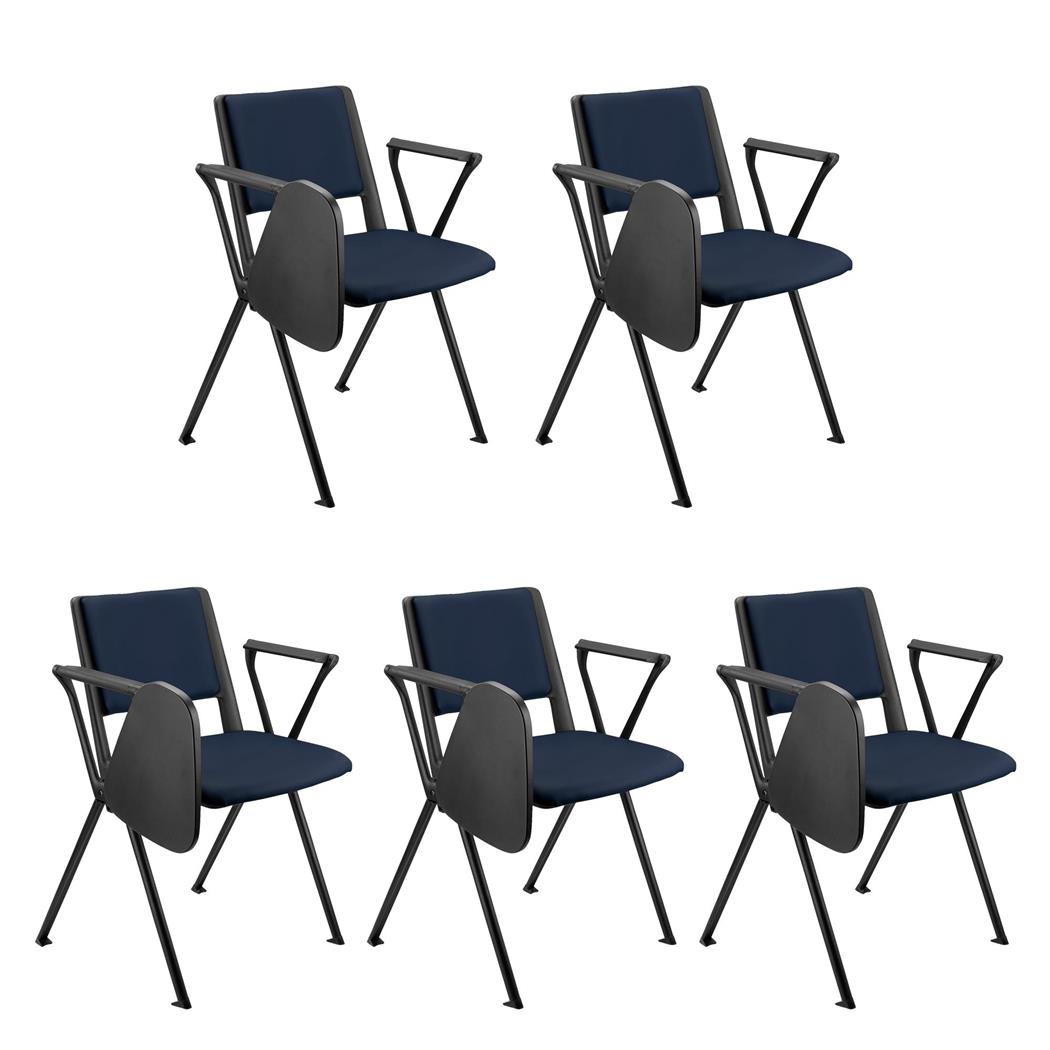 SET 5 Vergaderstoelen CARINA MET KLAPTAFELTJE, Stapelbaar, Stoelkoppelsysteem, Zwarte Poten en Blauw Leder