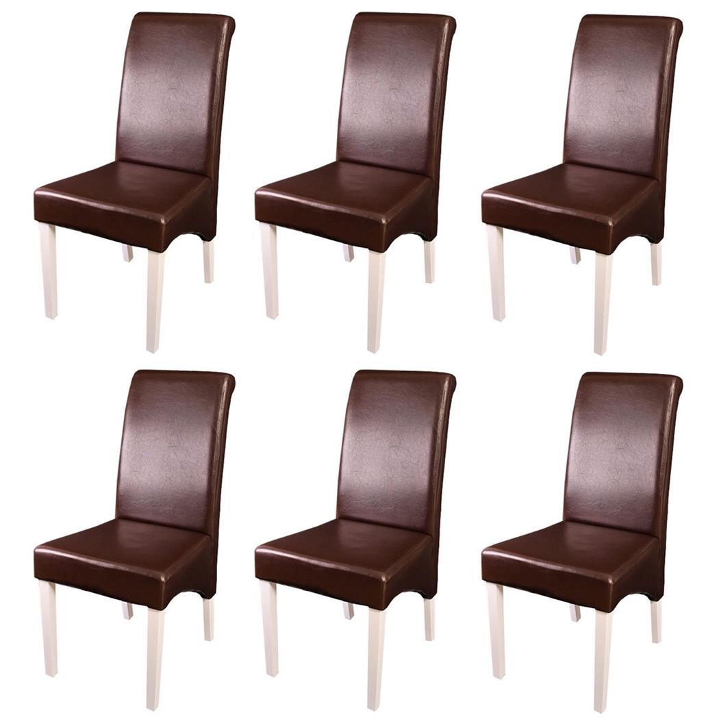 SET van 6 Eetkamerstoelen TURIJN, Kwaliteit en Stijl, Bekleed met Bruin Leder en Witte Poten