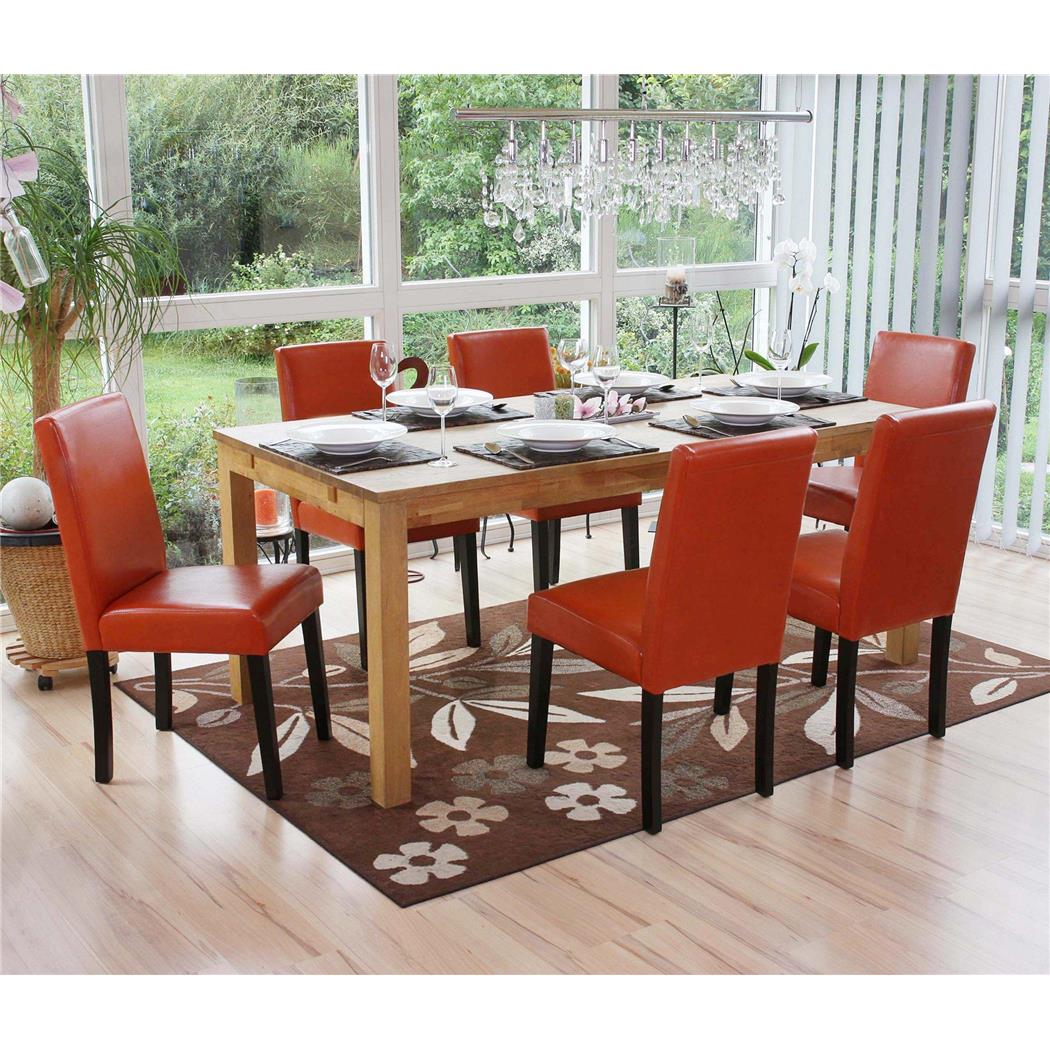 Set van 6 Eetkamerstoelen LITAU, Prachtig Ontwerp, Oranje Leder, Donkerhouten Poten