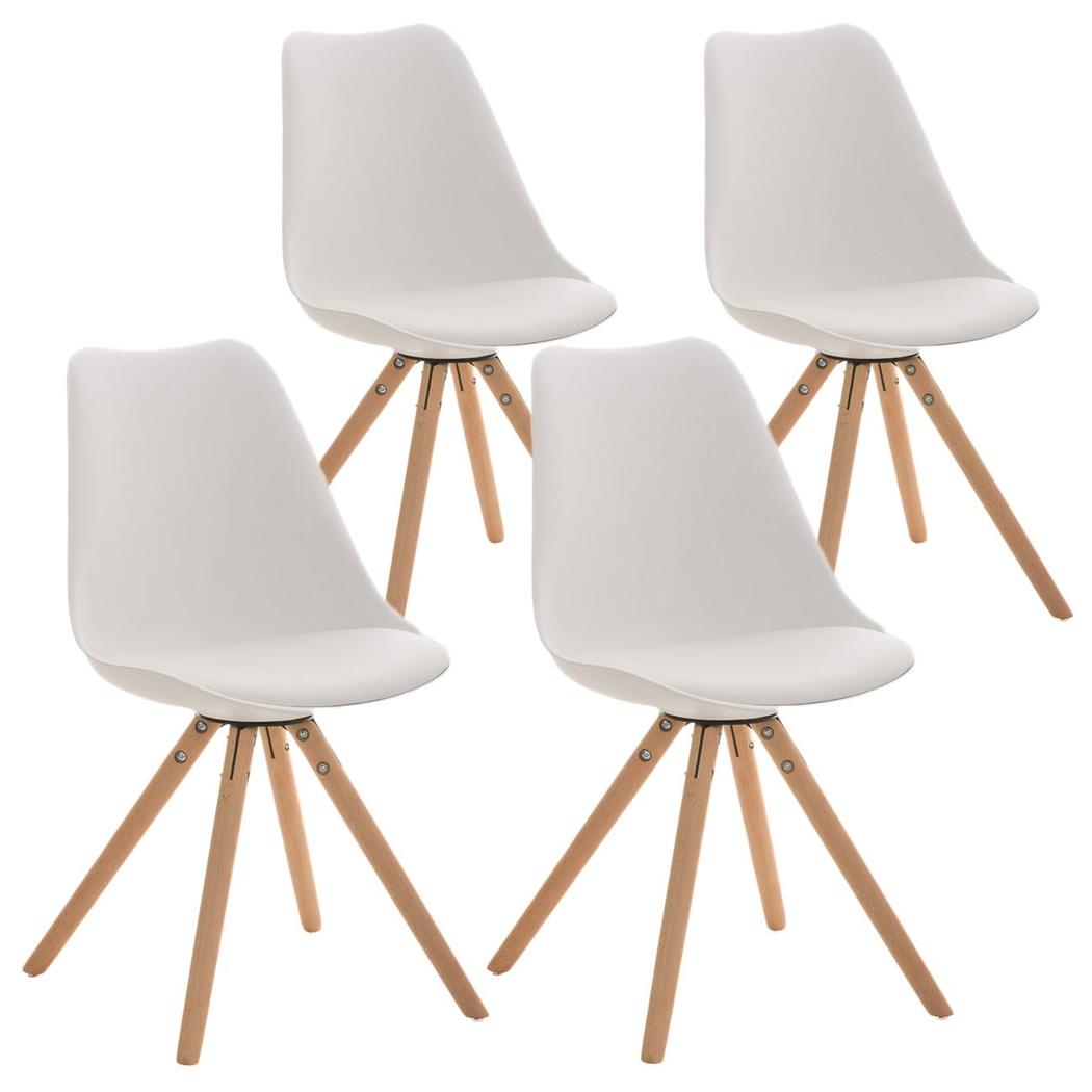 Set van 4 Stoelen TAYLOR, Kleur Wit, Lichthouten Poten, Lederen Zitting, Exclusief Ontwerp