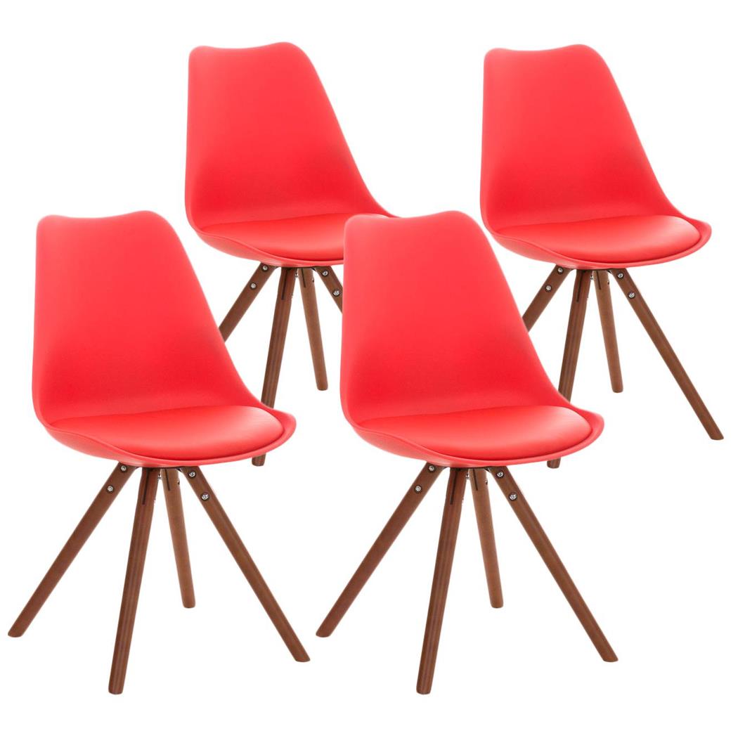 Set van 4 Stoelen TAYLOR, Kleur Rood, Donkerhouten Poten, Lederen Zitting, Exclusief Ontwerp