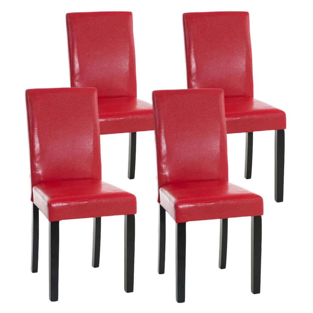 Set van 4 Eetkamerstoelen CAPRI, Rood Leder en Donkere Houtkleurige Poten, Heel Stevig en Comfortabel