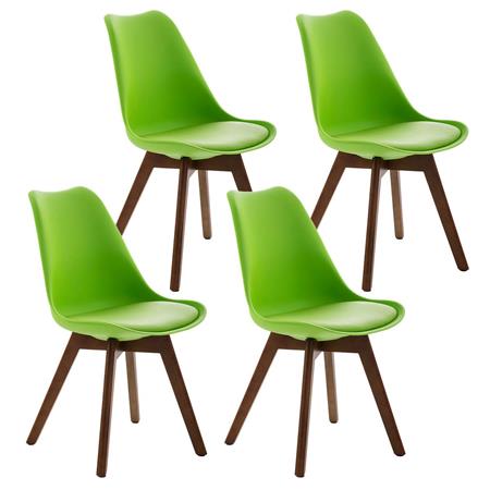 SET van 4 LOREN Stoelen, Kunststof Zitschaal met Walnoothouten Poten, Groen Leder