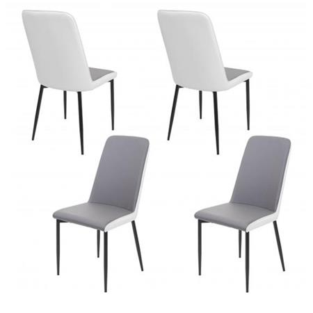 Set van 4 Eetkamerstoelen OSAKA, Zwarte Metalen Poten, Grijs/Wit Leder