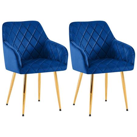 Set van 2 Eetkamerstoelen JENNY FLUWEEL, Comfortabel en Stabiel met Gouden Poten, Bekleed met Blauwe Stof