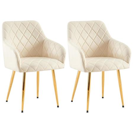 Set van 2 Eetkamerstoelen JENNY FLUWEEL, Comfortabel en Stabiel met Gouden Poten, Bekleed met Beige Stof