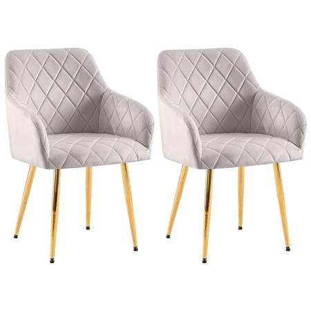 Set van 2 Eetkamerstoelen JENNY FLUWEEL, Comfortabel en Stabiel met Gouden Poten, Bekleed met Lichtgrijze Stof