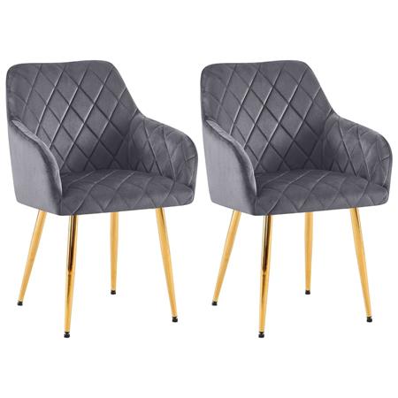 Set van 2 Eetkamerstoelen JENNY FLUWEEL, Comfortabel en Stabiel met Gouden Poten, Bekleed met Donkergrijze Stof