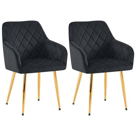 Set van 2 Eetkamerstoelen JENNY FLUWEEL, Comfortabel en Stabiel met Gouden Poten, Bekleed met Zwarte Stof