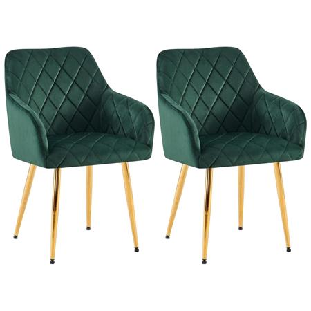 Set van 2 Eetkamerstoelen JENNY FLUWEEL, Comfortabel en Stabiel met Gouden Poten, Bekleed met Groene Stof