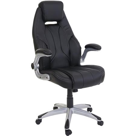 Bureaustoel BOBI, Dikke Vulling, Opklapbare Armleuningen, in Zwart Leder