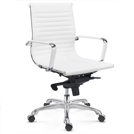 Bureaustoel DORIS, Verchroomd Metalen Frame, Elegante Afwerking, Middelhoge Rugleuning, Wit Lederen Bekleding