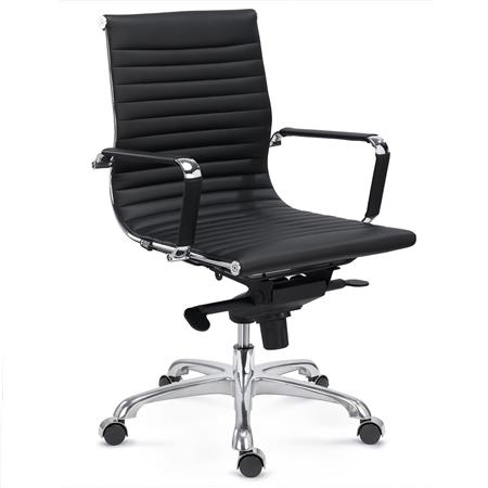 Bureaustoel DORIS, Verchroomd Metalen Frame, Elegante Afwerking, Middelhoge Rugleuning, Zwart Lederen Bekleding