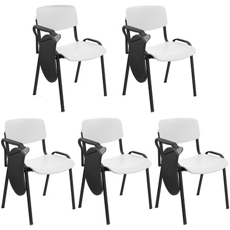 Set van 5 MILKY Bezoekersstoelen MET TABLET, Elegant en Veelzijdig, Stapelbaar, Zwarte Poten, Wit