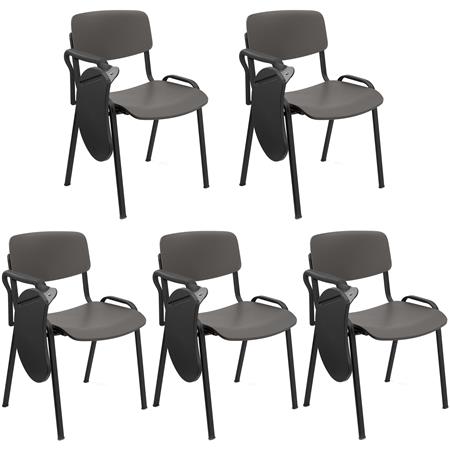 Set van 5 MILKY Bezoekersstoelen MET TABLET, Elegant en Veelzijdig, Stapelbaar, Zwarte Poten, Grijs