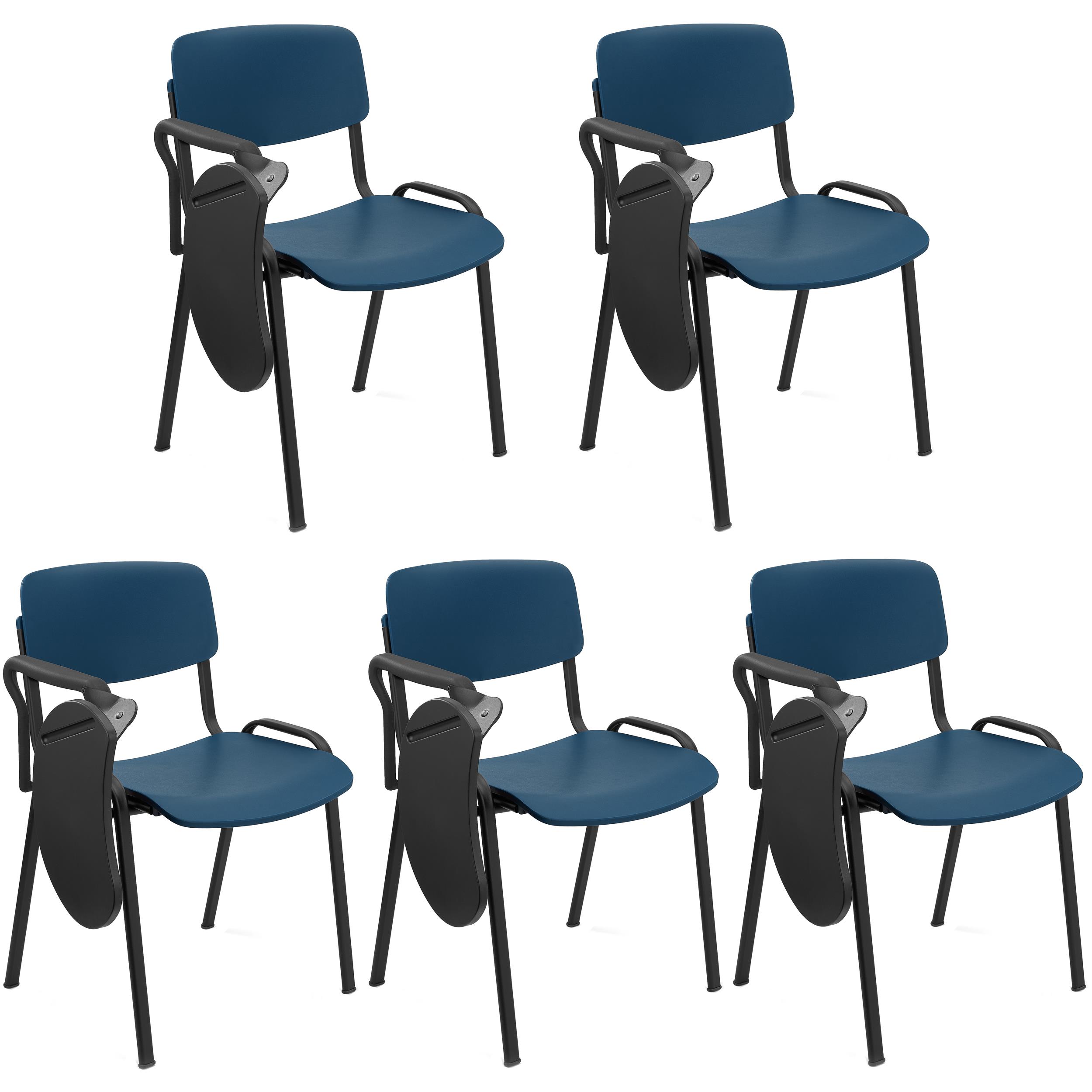 Set van 5 MILKY Bezoekersstoelen MET TABLET, Elegant en Veelzijdig, Stapelbaar, Zwarte Poten, Blauw