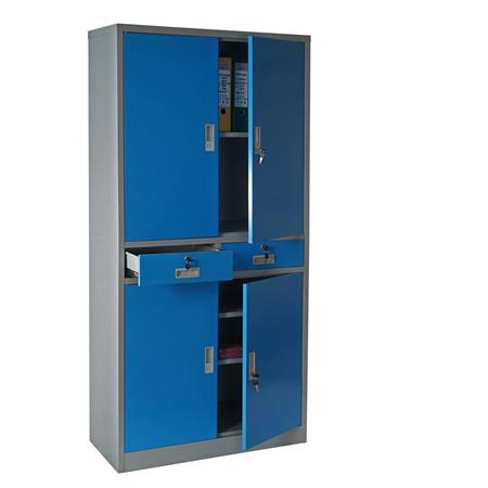 Metalen Archiefkast EDITH, 4 Draaideuren en 2 Lades, 180x85x40 cm,  in Staal, Kleur Blauw