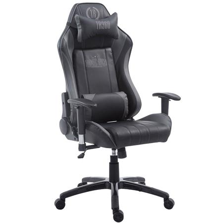 Gamingstoel TURBO, Verstelbare Rugleuning, Lumbaal- en Cervicaalkussen, in Zwart/Grijs Leder