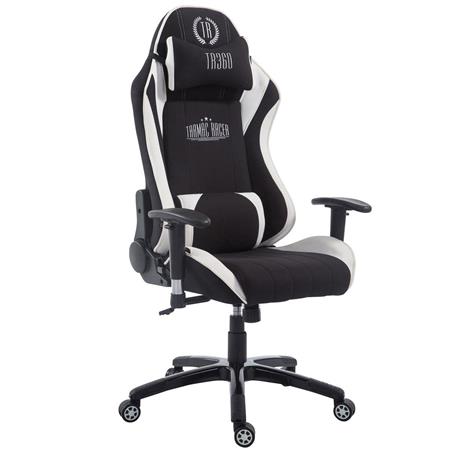 Gamingstoel TURBO STOF, Verstelbare Rugleuning, Lumbaal- en Cervicaalkussen, in Zwart/Wit