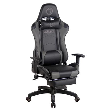 Gaming Bureaustoel TURBO met Voetsteun, Kantelbare Rugleuning, Lumbaal- en Cervicaalkussens, in Zwart/Grijs Leder