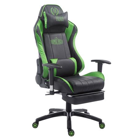 Gaming Bureaustoel TURBO met Voetsteun, Kantelbare Rugleuning, Lumbaal- en Cervicaalkussens, in Zwart/Groen Leder