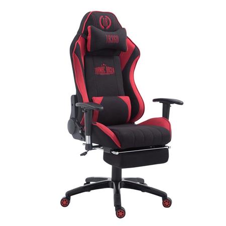 Gamingstoel TURBO STOF, met Voetsteun, Verstelbare Rugleuning, Lumbaal- en Cervicaalkussen, in Zwart/Rood