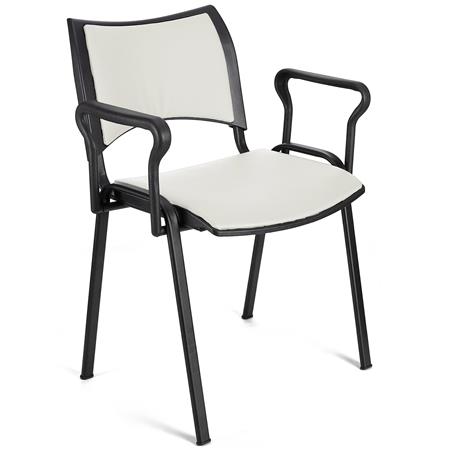 Vergaderstoel ROMEL MET ARMLEUNINGEN LEDER, Comfortabele Zitting, Stapelbaar, Zwarte Poten, Wit