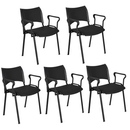 Set van 5 Vergaderstoelen ROMEL LEDER MET ARMLEUNINGEN, Comfortabele Zitting, Stapelbaar, Zwarte Poten, Zwart