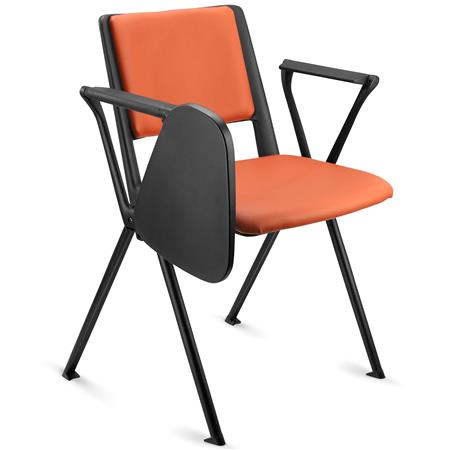 Vergaderstoel CARINA MET KLAPTAFELTJE, Stapelbaar, Stoelkoppelsysteem, Oranje Lederen Bekleding met Zwarte Poten