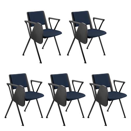 SET 5 Vergaderstoelen CARINA MET KLAPTAFELTJE, Stapelbaar, Stoelkoppelsysteem, Zwarte Poten en Blauw Leder