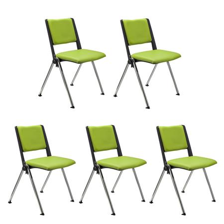 SET van 5 Vergaderstoelen CARINA, Stapelbaar, Stoelkoppelsysteem, Groen Leder en Verchroomde Poten