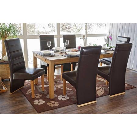 Set van 6 Eetkamerstoelen NERON, Uniek Ontwerp, Bruin Leder en Lichthouten Poten