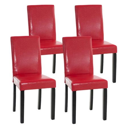 Set van 4 Eetkamerstoelen CAPRI, Rood Leder en Donkere Houtkleurige Poten, Heel Stevig en Comfortabel